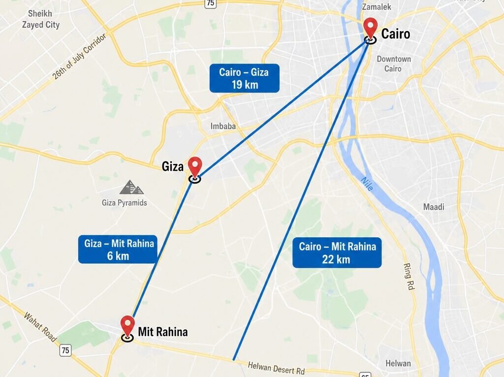 map showing the distance between Cairo Giza and Mit Rahina