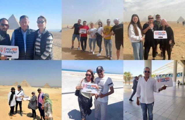 collage of guests holding our sign in different places